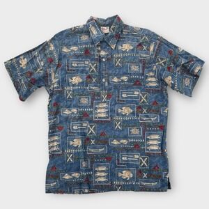 Vintage Go Barefoot‎ Hawaiian Shirt Mens Large Blue Fishing Turtle Ocean Aloha